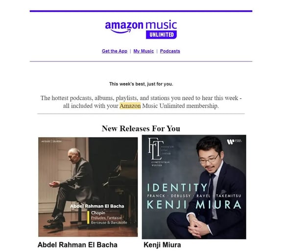 Amazon Music weekly email being personalized for the customer