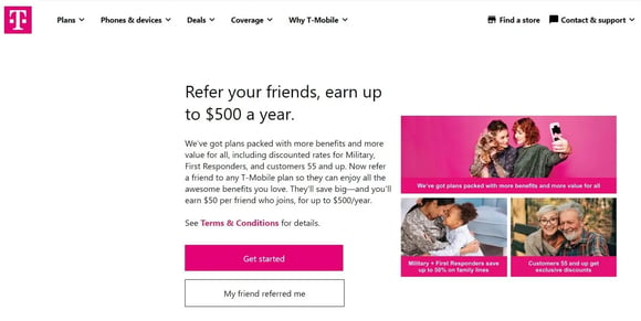 T-Mobile  refer a friend rewards page