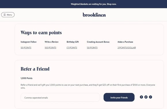 brooklinen ecommerce refer a friend program strategy and webpage
