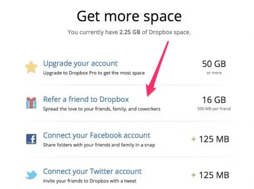 dropbox referral program to get more storage space