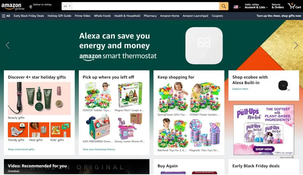 Amazon homepage giving consistent customer experiences across multiple channels