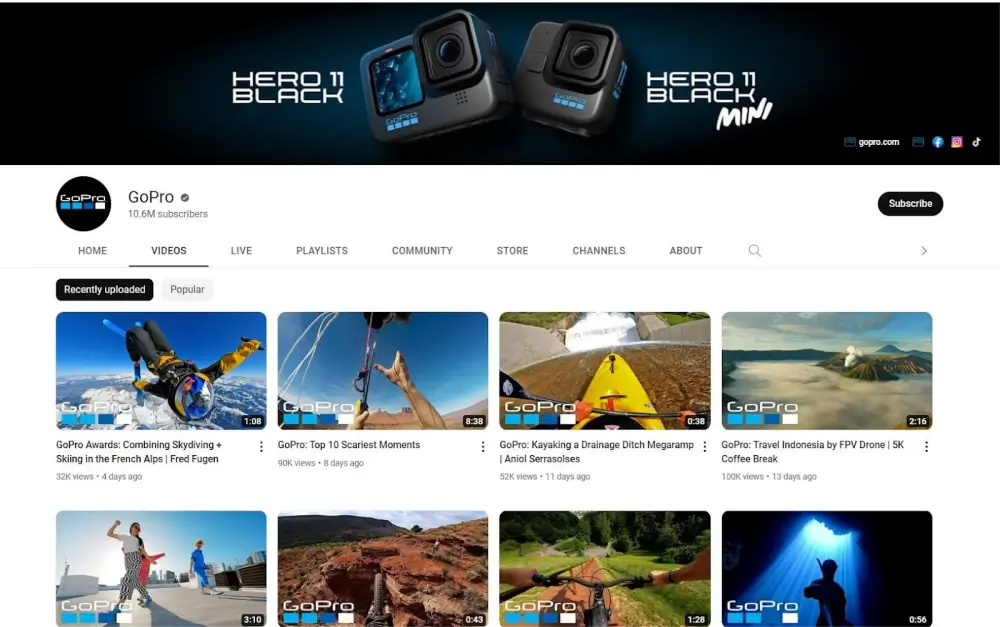 GoPro YouTube webpage