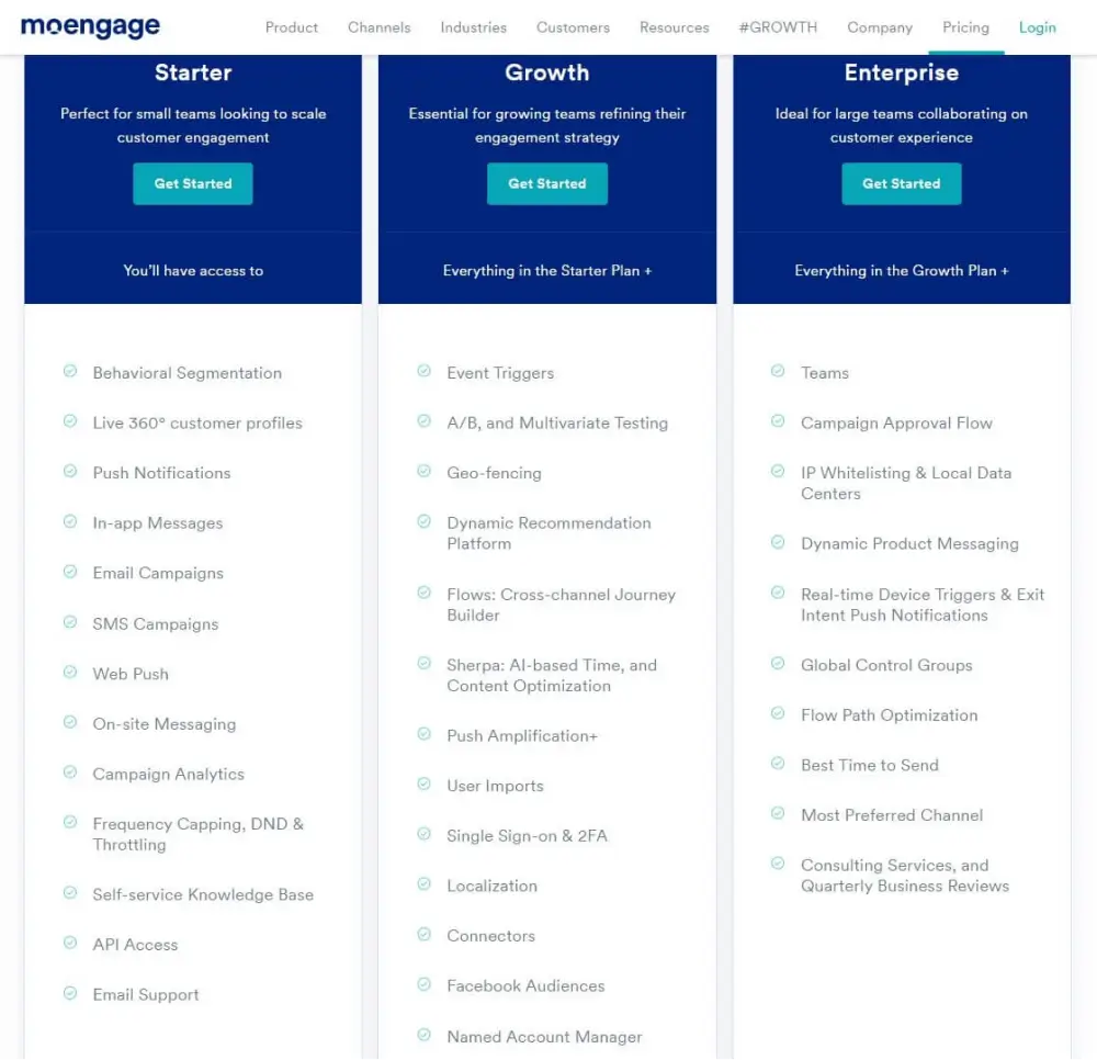 MoEngage packages and features page