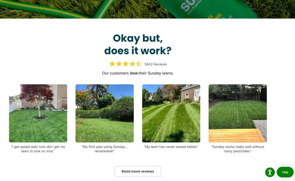 Sunday Lawn website using customer testimonials to increase sales and conversion rates