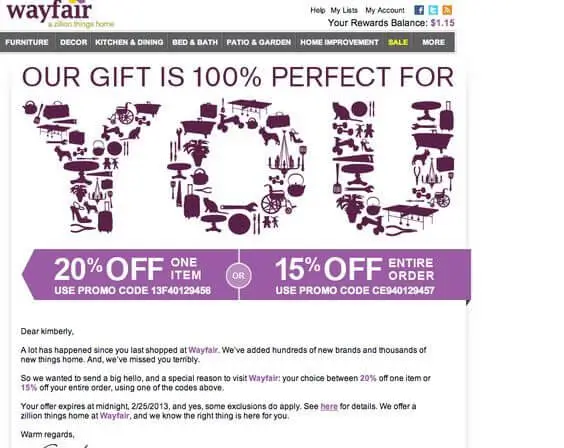 Wayfair using straightforward promo discount for shipping to increase customer retention